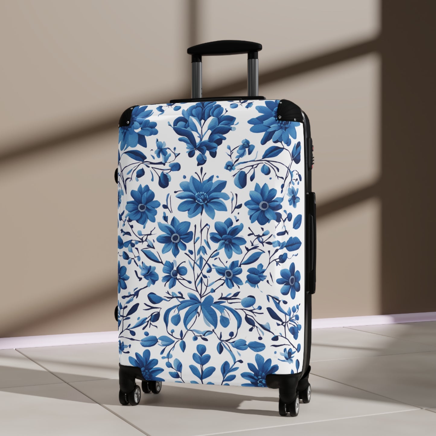 Suitcase - Ukrainian Petrokivka Style Blue and White Pattern Travel Luggage