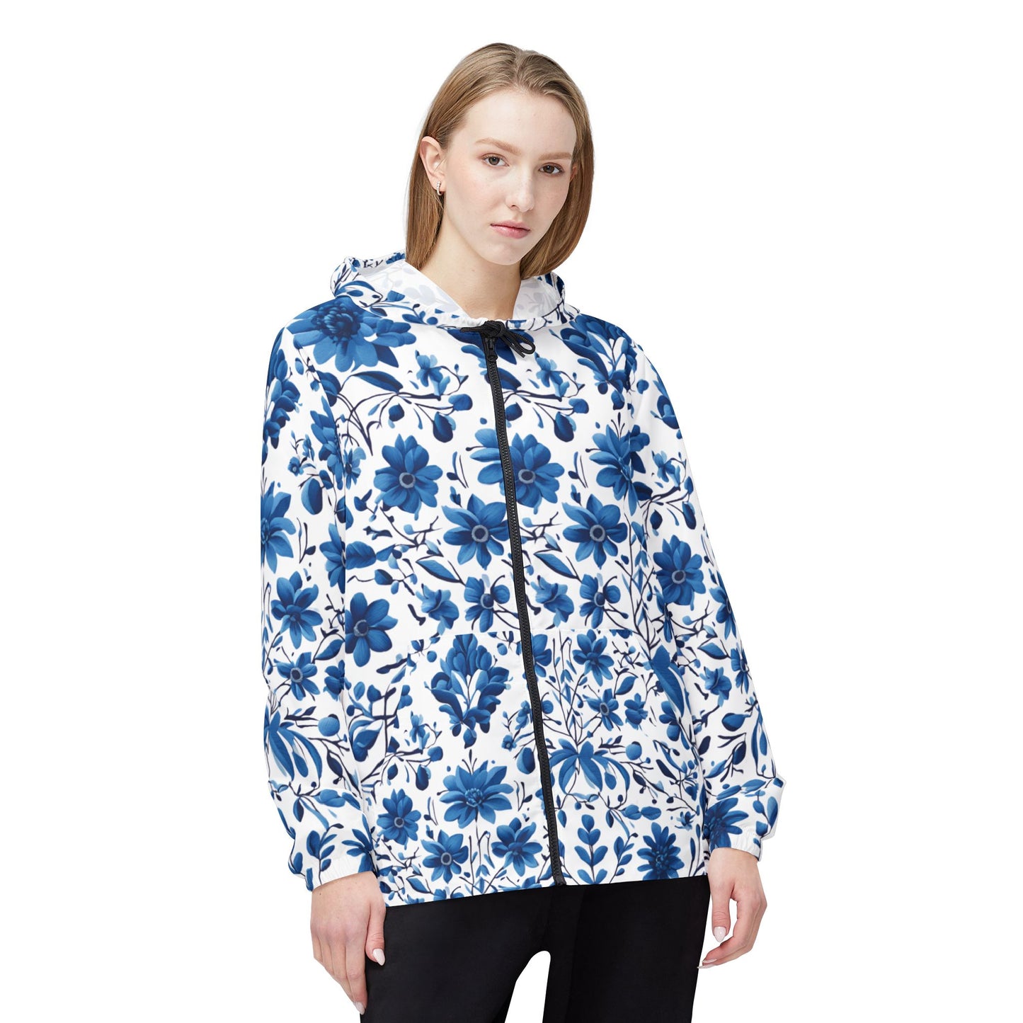 Petrakivka Windbreaker Jacket with Blue Floral Pattern