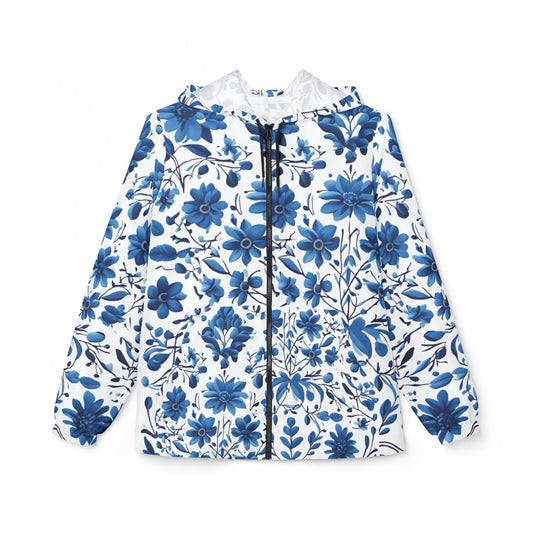 Petrakivka Windbreaker Jacket with Blue Floral Pattern