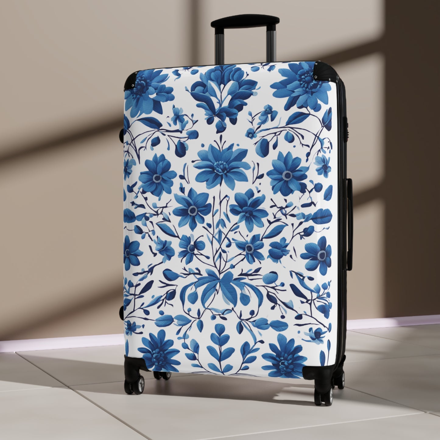 Suitcase - Ukrainian Petrokivka Style Blue and White Pattern Travel Luggage