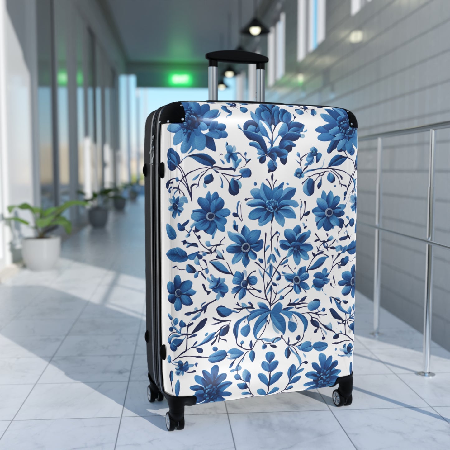 Suitcase - Ukrainian Petrokivka Style Blue and White Pattern Travel Luggage