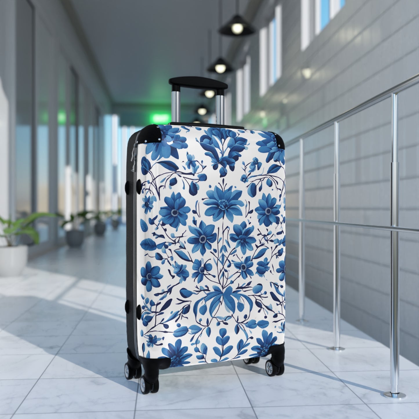 Suitcase - Ukrainian Petrokivka Style Blue and White Pattern Travel Luggage